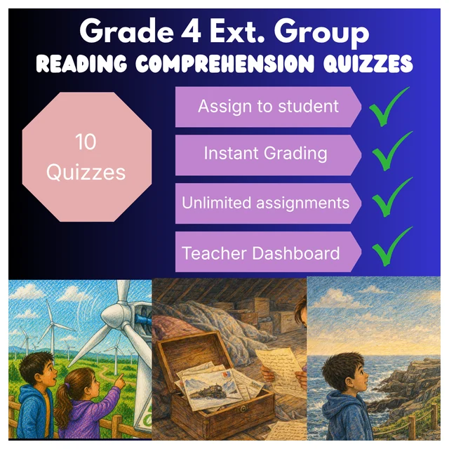 Grade 4 Reading Comprehension (Extension) Quiz Bundle (10 quizzes) Supported Learning Quizzes