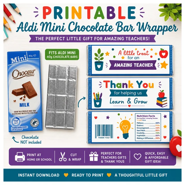 Teacher Appreciation Chocolate Bar Wrapper | Thank You Printable Aldi Mini Choc