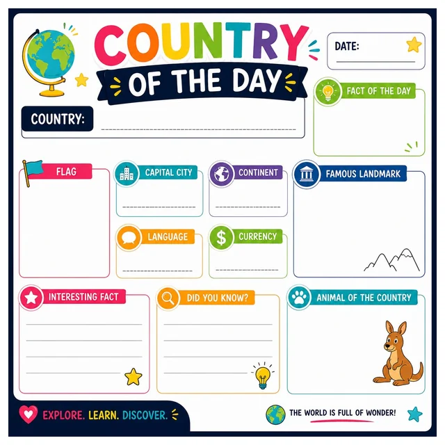 "Country of the Day" Worksheet - Reusable, No-Prep & FREE