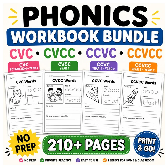 CVC, CCVC, CVCC, CCVCC & Digraph Phonics Workbook Bundle