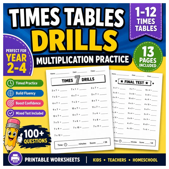 Times Tables Drills Worksheet | Multiplication Practice 1-12