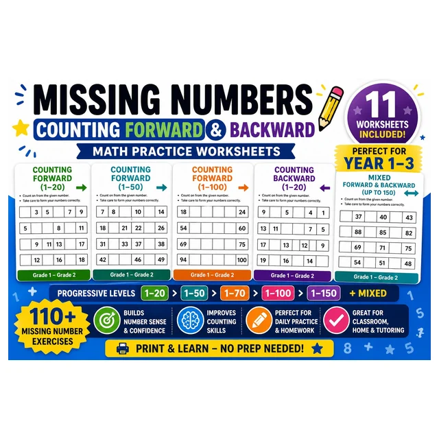 Missing Numbers Worksheets | Counting Forward & Backward Practice