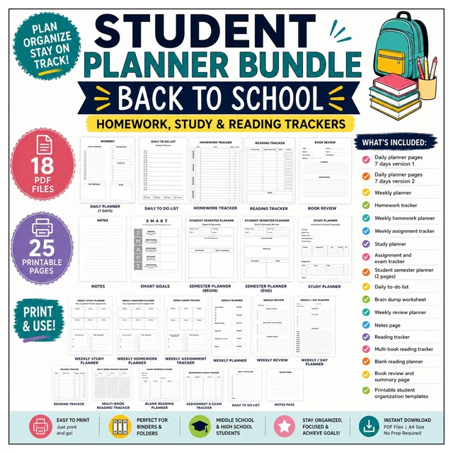 Student Planner Bundle | Study, Homework & Reading Trackers