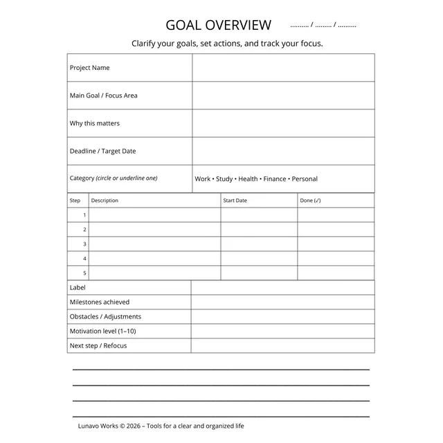 Goal Overview Worksheet | Printable Goal Planning Template