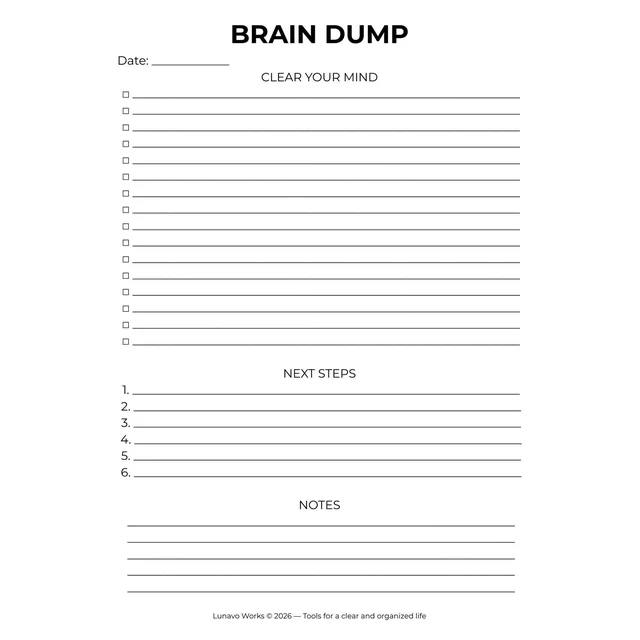 Brain Dump Worksheet | Printable Mind Clearing Planner