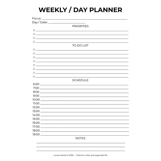 Weekly Day Planner Worksheet | Printable Student Planner Page