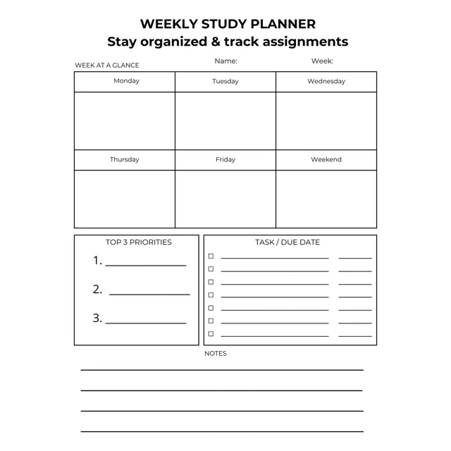 Weekly Study Planner Worksheet | Assignment Tracker Printable