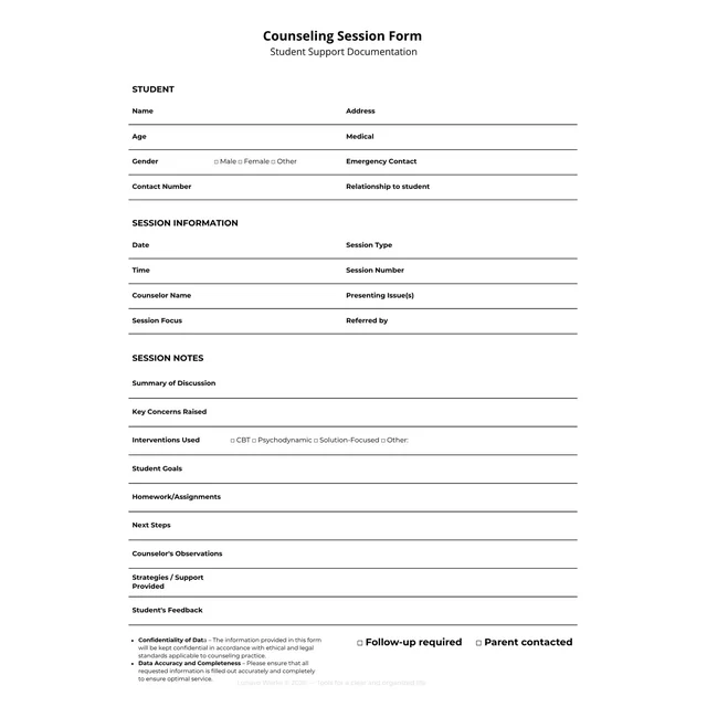 Counseling Session Form | Printable Student Support Documentation