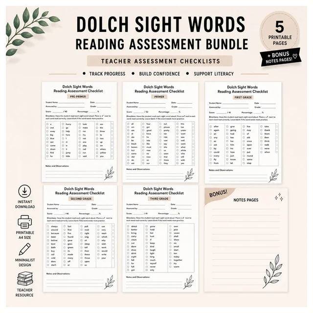 Dolch Sight Words Reading Assessment Bundle | Teacher Checklists