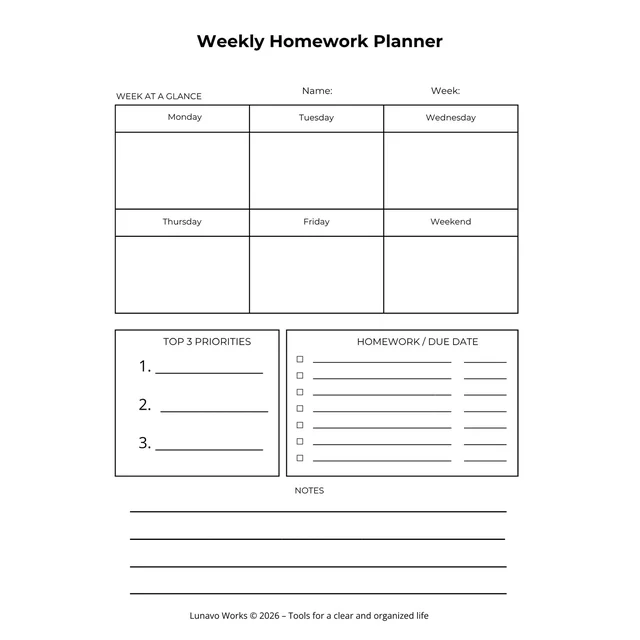 Weekly Homework Planner Worksheet | Printable Homework Tracker