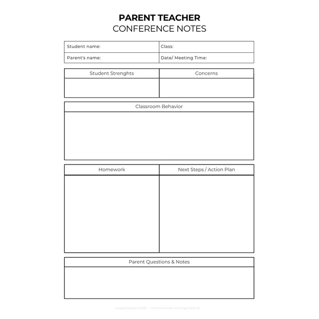 Parent Teacher Conference Notes Form | Printable Meeting Template
