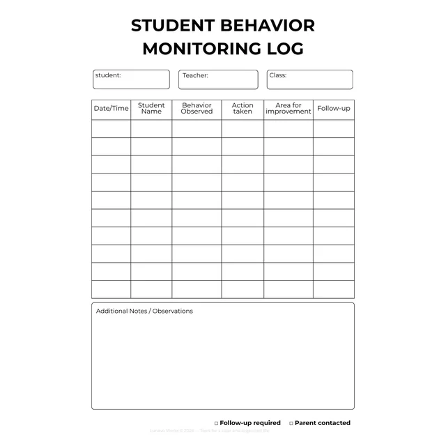 Student Behavior Monitoring Log | Printable Classroom Management Form