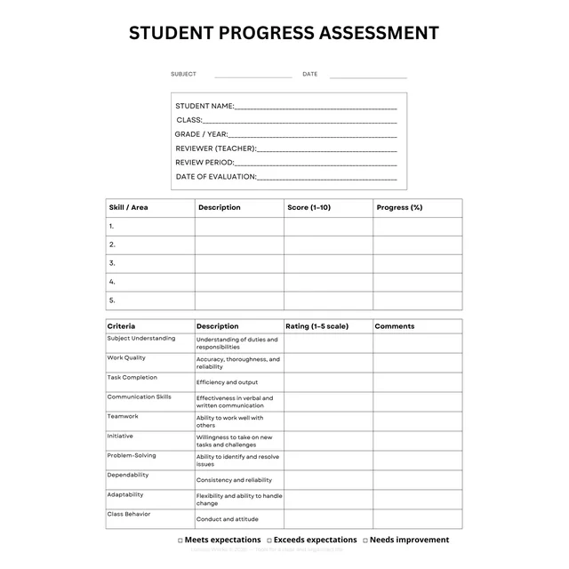Student Progress Assessment Form | Printable Teacher Evaluation Sheet