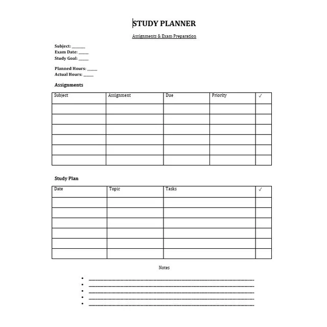Study Planner Worksheet | Assignment & Exam Preparation Printable