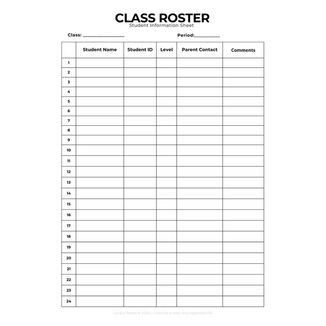 Class Roster Form | Printable Student Information Sheet