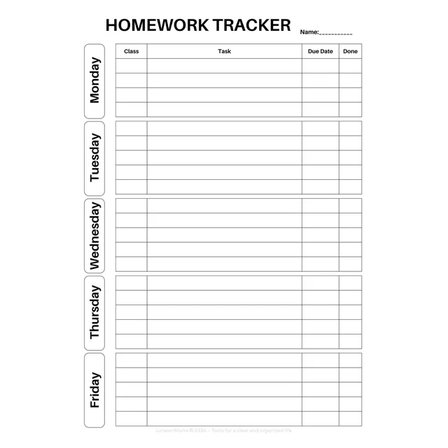 Homework Tracker Worksheet | Printable Weekly Homework Planner