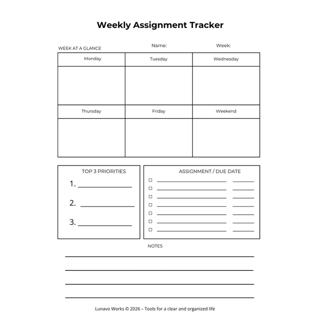Weekly Assignment Tracker Worksheet | Printable Student Planner