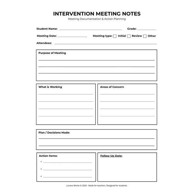 Intervention Meeting Notes Form | Printable Student Support Template