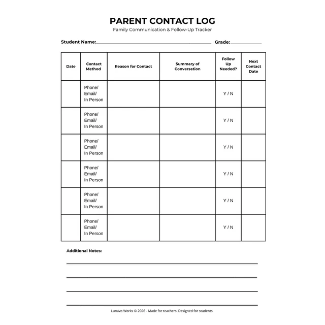 Parent Contact Log | Printable Family Communication Tracker