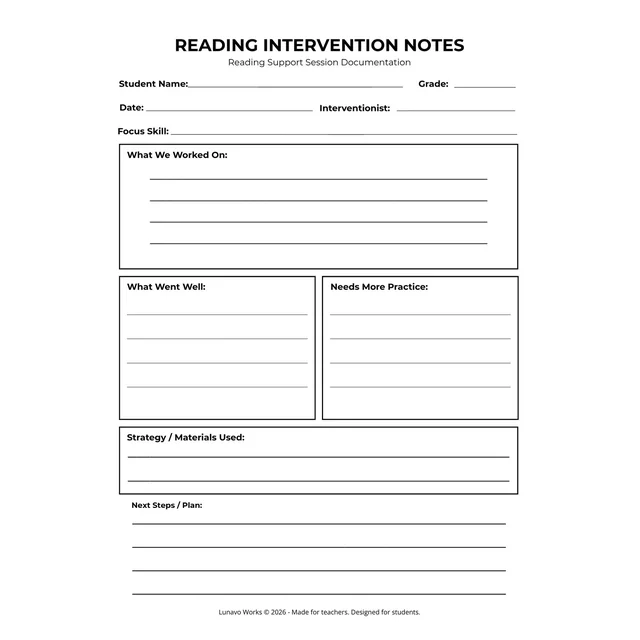 Reading Intervention Notes Form | Printable Reading Support Template