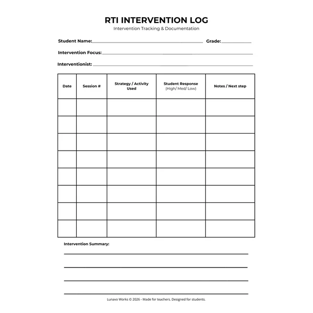 RTI Intervention Log | Printable Student Support Tracking Form