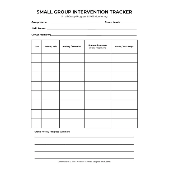 Small Group Intervention Tracker | Printable Student Support Form