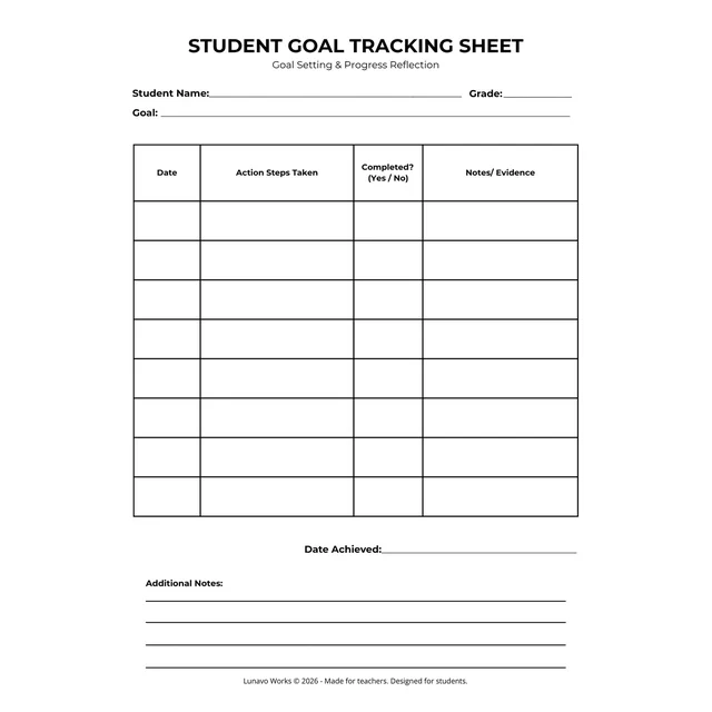 Student Goal Tracking Sheet | Printable Progress Reflection Form