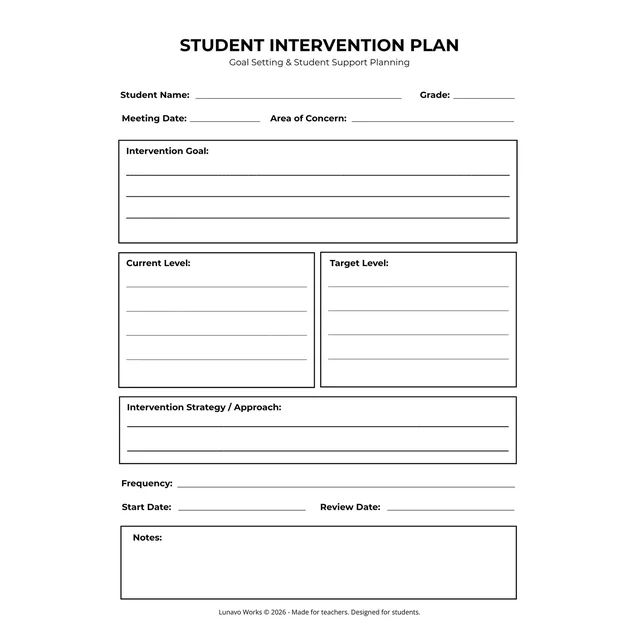 Student Intervention Plan | Printable Student Support Planning Form