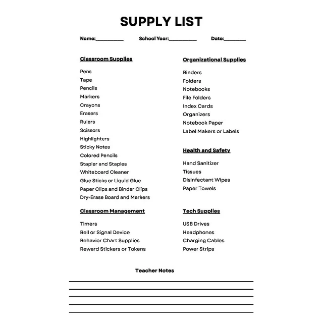 Student Supply List Checklist | Printable Classroom Supplies Organizer