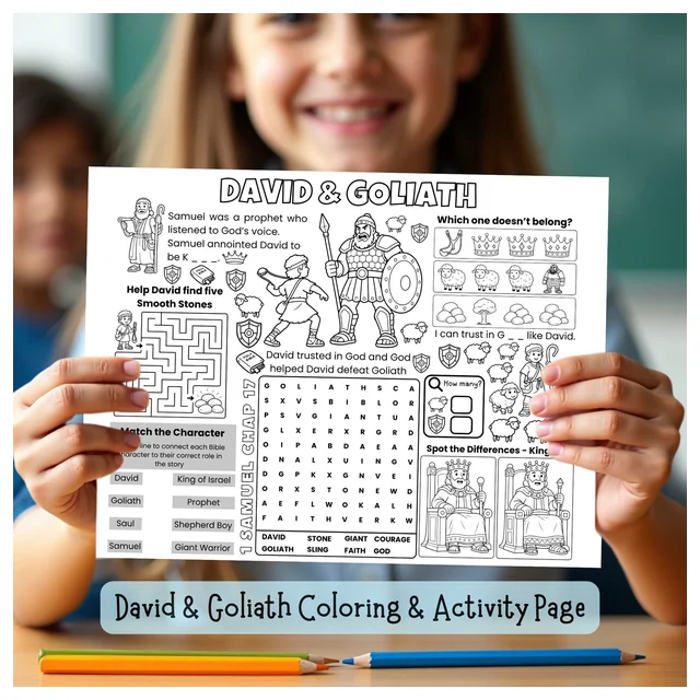 David and Goliath Bible Coloring Activity Page | Sunday School Worksheet