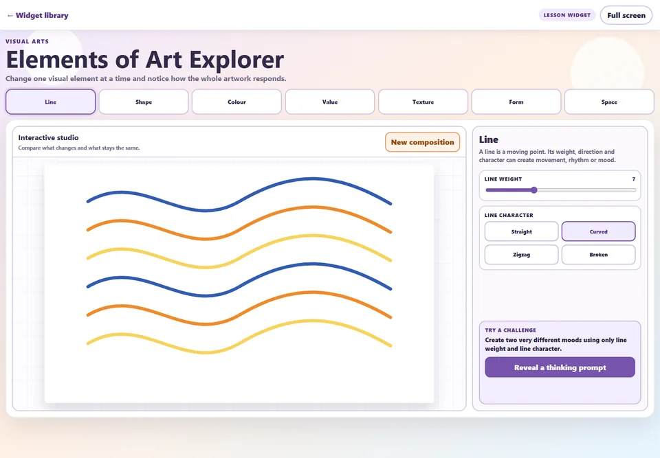Elements of Art Explorer lesson widget showing line controls