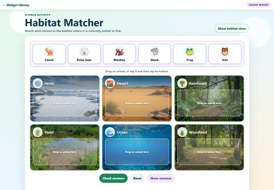 Habitat Matcher lesson widget with animal and habitat images