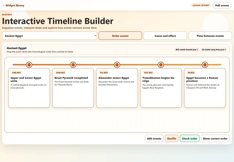 Interactive Timeline Builder lesson widget showing Ancient Egypt events