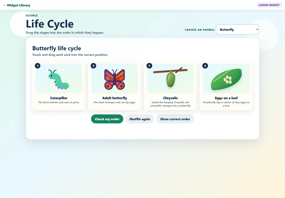 Life Cycle lesson widget for arranging butterfly stages