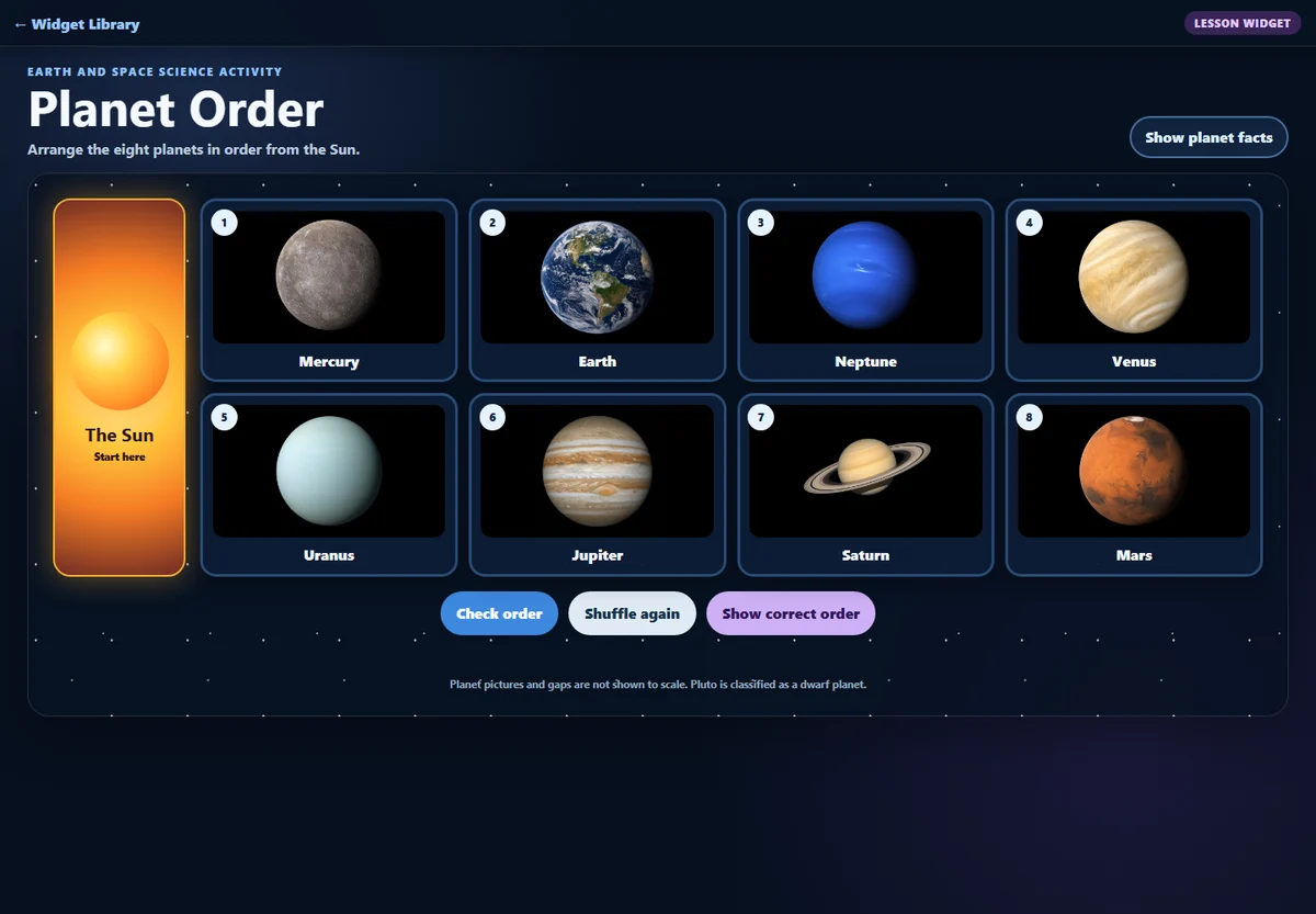 Actual interactive Planet Order lesson widget with full-colour planet images