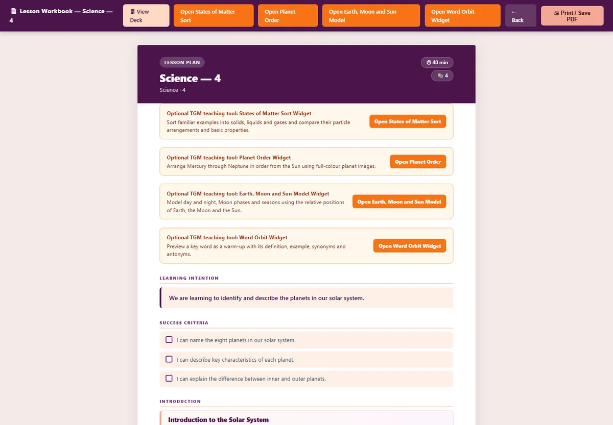 Actual Teacher Companion Science lesson workbook showing recommended widgets, learning intention and success criteria